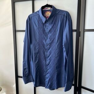 [XL] Robert Graham Men’s Dark Blue Textured Button Down Dress Shirt Art Print
